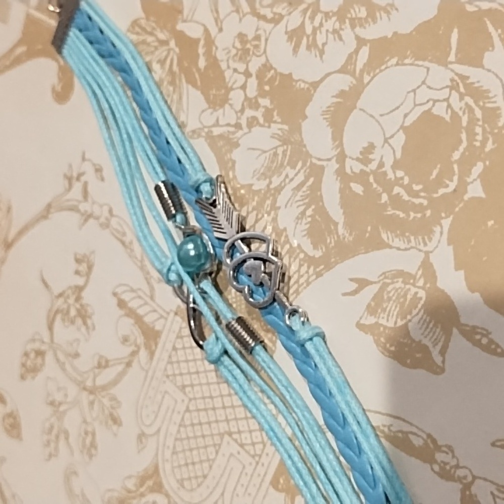 "Love you forever" Blue leather and corded multi strand bracelet silver charms